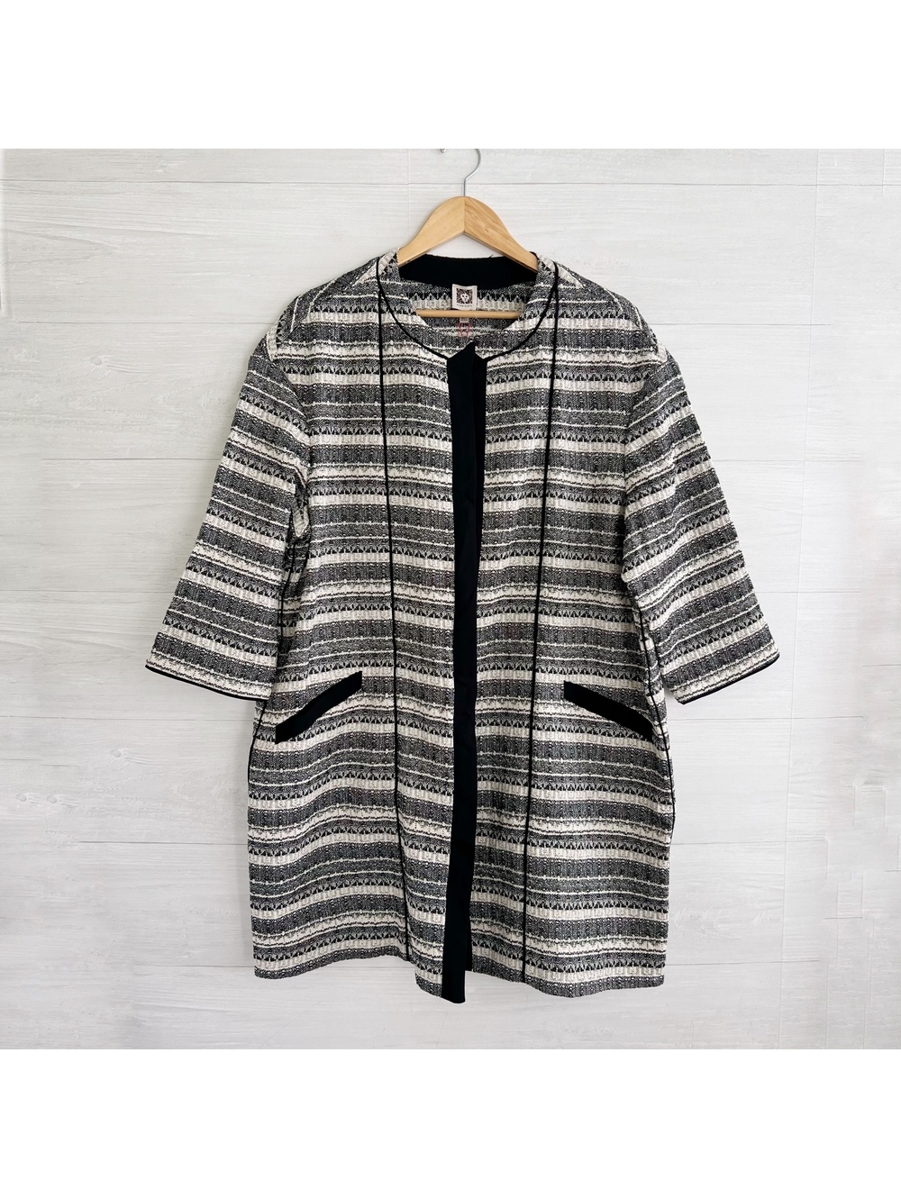 NWT Anne Klein Black Ivory Jacquard Longline Jacket Blazer Womens XL